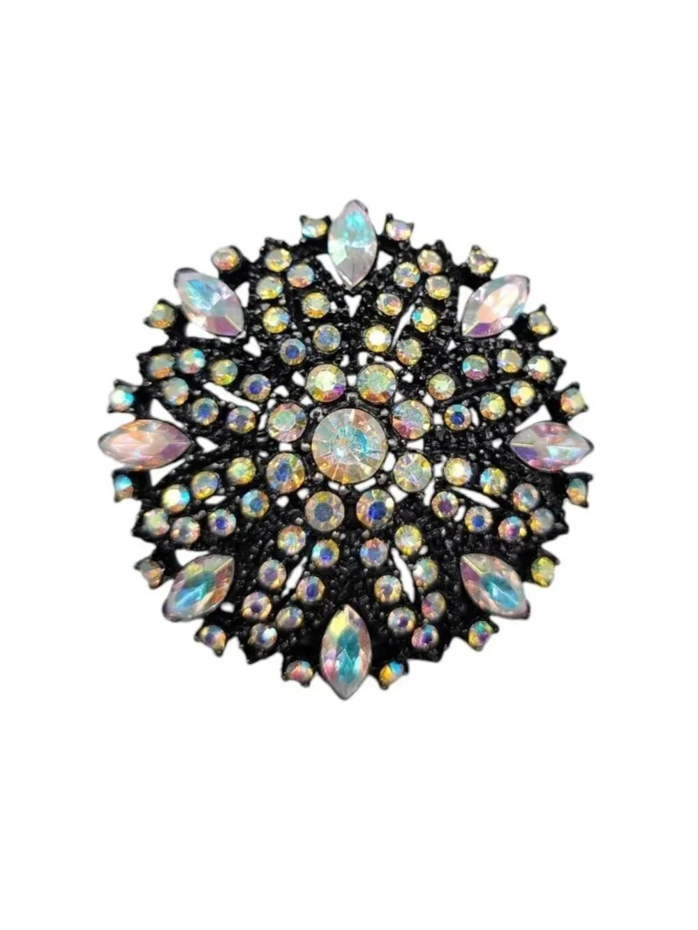 Vintage Style Aurora Borealis Rhinestone Brooch Pendant Domed Black Starburst